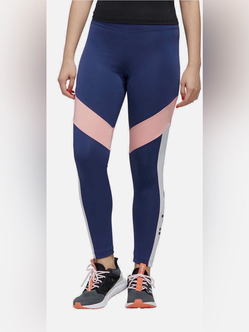 ADIDAS Navy Leggings feature pink and white color blocks.
